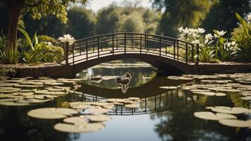A serene pond scene featuring a bridge, lily pads, and a duck. photo