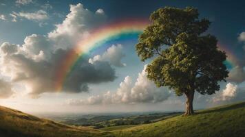 A vibrant rainbow arches over a solitary tree on a serene hillside landscape. photo