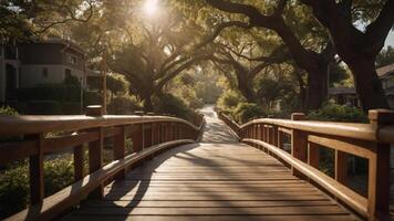 A serene wooden bridge surrounded by lush greenery and sunlight filtering through trees. photo