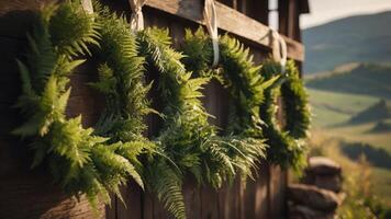 Lush green fern wreaths hanging against a rustic wooden backdrop in a scenic landscape. photo