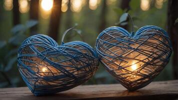 Two heart-shaped lanterns with warm light, set against a serene natural background. photo