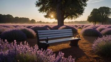 A serene bench in a lavender field at sunrise, inviting relaxation and reflection. photo