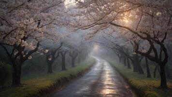 A serene path lined with cherry blossom trees, illuminated by soft morning light. photo