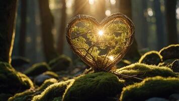 A heart-shaped frame made of twigs encasing greenery, illuminated by sunlight in a forest. photo