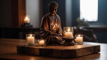 A serene setup featuring a Buddha statue and candles, promoting relaxation and mindfulness. photo