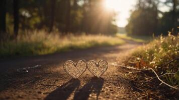 Two decorative heart shapes on a path illuminated by sunset, symbolizing love and connection. photo