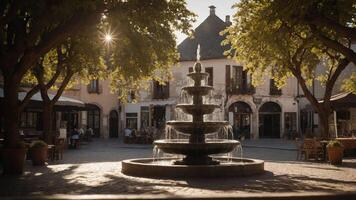 A serene courtyard featuring a fountain surrounded by trees and outdoor seating. photo