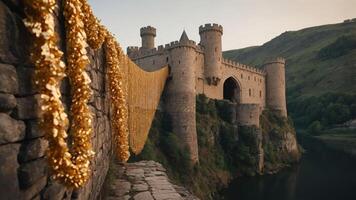 A scenic view of a medieval castle with a golden drape along the stone wall. photo
