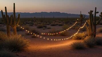 Desert landscape at dusk adorned with string lights between cacti. photo