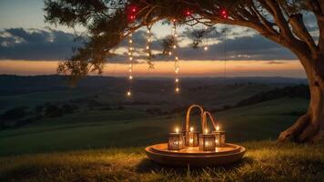 A serene outdoor setting with lanterns under a tree at sunset. photo