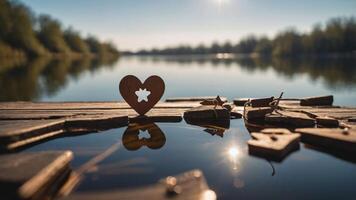 A serene lakeside scene featuring wooden heart shapes and reflections on calm water. photo