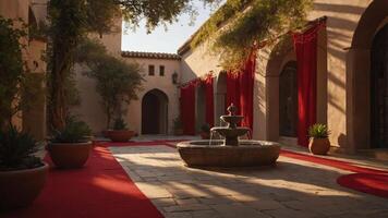 Elegant courtyard with a fountain, red carpet, and draped fabric, suggesting a festive event. photo