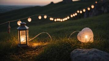 A cozy evening scene with lanterns and string lights on grass, creating a warm atmosphere. photo