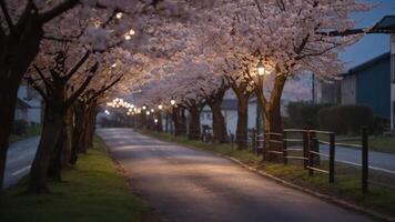 A serene street lined with cherry blossom trees, illuminated by soft lights at dusk. photo