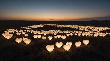 A field illuminated by glowing heart-shaped lights at sunset, symbolizing love and unity. photo