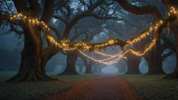 A serene pathway illuminated by string lights through misty, ancient trees. photo