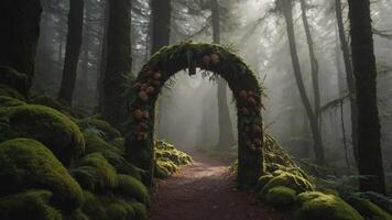 A mystical arch covered in moss and foliage in a foggy forest, inviting exploration. photo