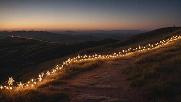 A serene path illuminated by star-shaped lights at dusk, creating a magical atmosphere. photo
