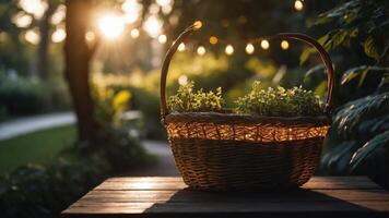 A rustic basket filled with greenery, illuminated by soft sunset light and string lights. photo