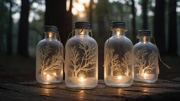 Four illuminated glass jars with tree designs, creating a warm, ambient atmosphere in nature. photo