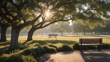 A serene park scene with benches, trees, and sunlight filtering through leaves. photo