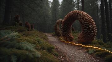 A mystical forest path featuring oversized pinecones and glowing lights. photo