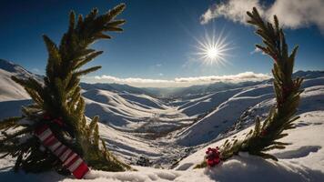 A snowy landscape framed by evergreen branches and decorations, capturing a festive atmosphere. photo