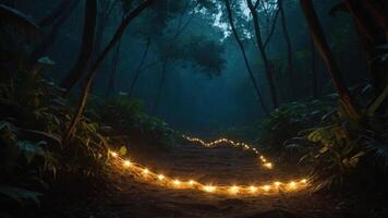 A serene forest path illuminated by string lights, creating a magical atmosphere. photo