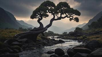 A twisted tree stands by a serene river, surrounded by mountains under a moody sky. photo