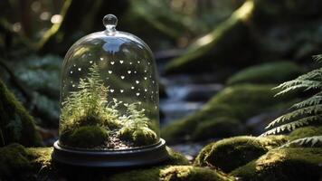 A glass dome showcasing ferns and moss, set in a serene forest environment. photo