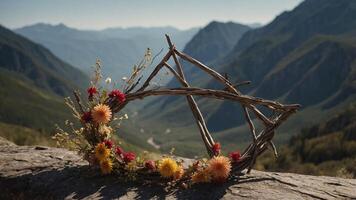 A decorative twig wreath adorned with colorful flowers, set against a mountainous landscape. photo
