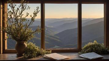A serene mountain view framed by a rustic window with plants and books on the sill. photo