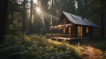 A cozy wooden cabin in a forest, illuminated by sunlight filtering through trees. photo