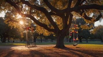 A serene park scene featuring a large tree with swings and colorful decorations at sunset. photo