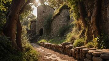 A serene pathway leads to ancient stone ruins surrounded by lush greenery and sunlight. photo