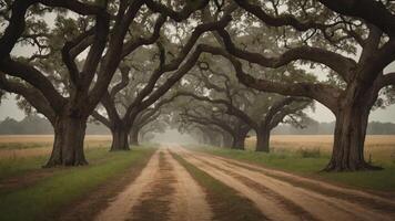 A serene dirt road lined with majestic trees, creating a tranquil, natural pathway. photo