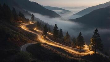 A winding road through misty mountains at dusk, illuminated by vehicle lights. photo