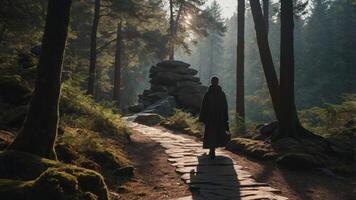 A solitary figure walks along a misty forest path, surrounded by towering trees and rocks. photo