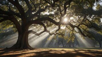 A majestic tree with sunlight streaming through its branches in a serene landscape. photo