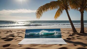 A beach scene featuring a book about ocean waves beside a palm tree on sandy shore. photo