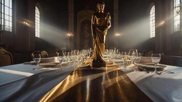 A beautifully set dining table with a golden statue as a centerpiece, illuminated by soft light. photo