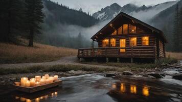 A cozy log cabin by a stream, illuminated by candles, surrounded by mountains and mist. photo