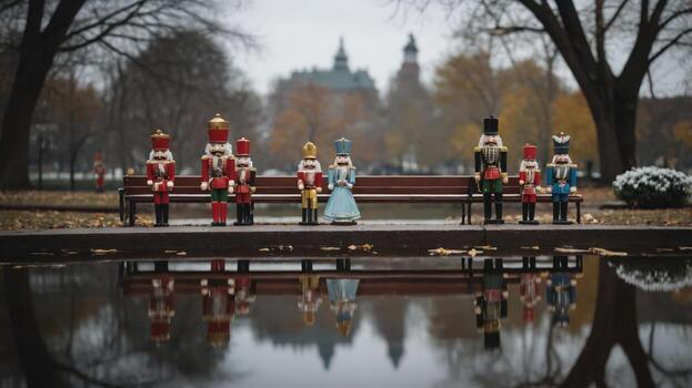 A serene park scene featuring nutcracker figures and a reflection in a pond. photo
