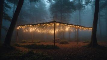 A serene forest setting with a beautifully lit canopy, creating a magical atmosphere. photo