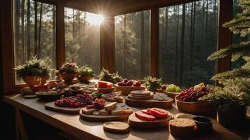 A beautifully arranged table of assorted fruits and cheeses in a sunlit forest setting. photo
