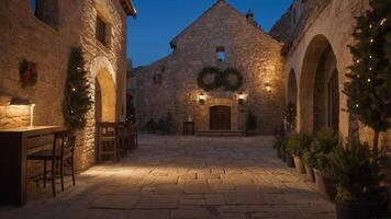 A serene stone courtyard decorated for the holidays at dusk. photo
