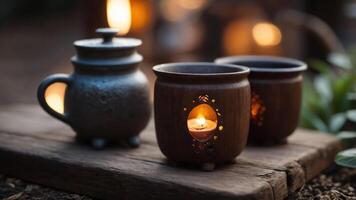 A serene display of candle holders and a pot, creating a warm, inviting atmosphere. photo