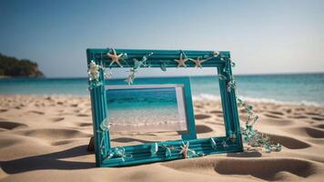 A decorative frame on a beach showcasing a serene ocean view. photo