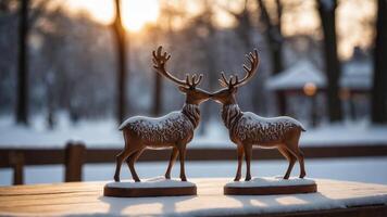 Two decorative reindeer figurines facing each other in a snowy landscape at sunset. photo