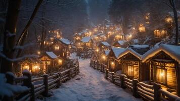 A serene, snow-covered village illuminated by warm lights, creating a cozy winter atmosphere. photo